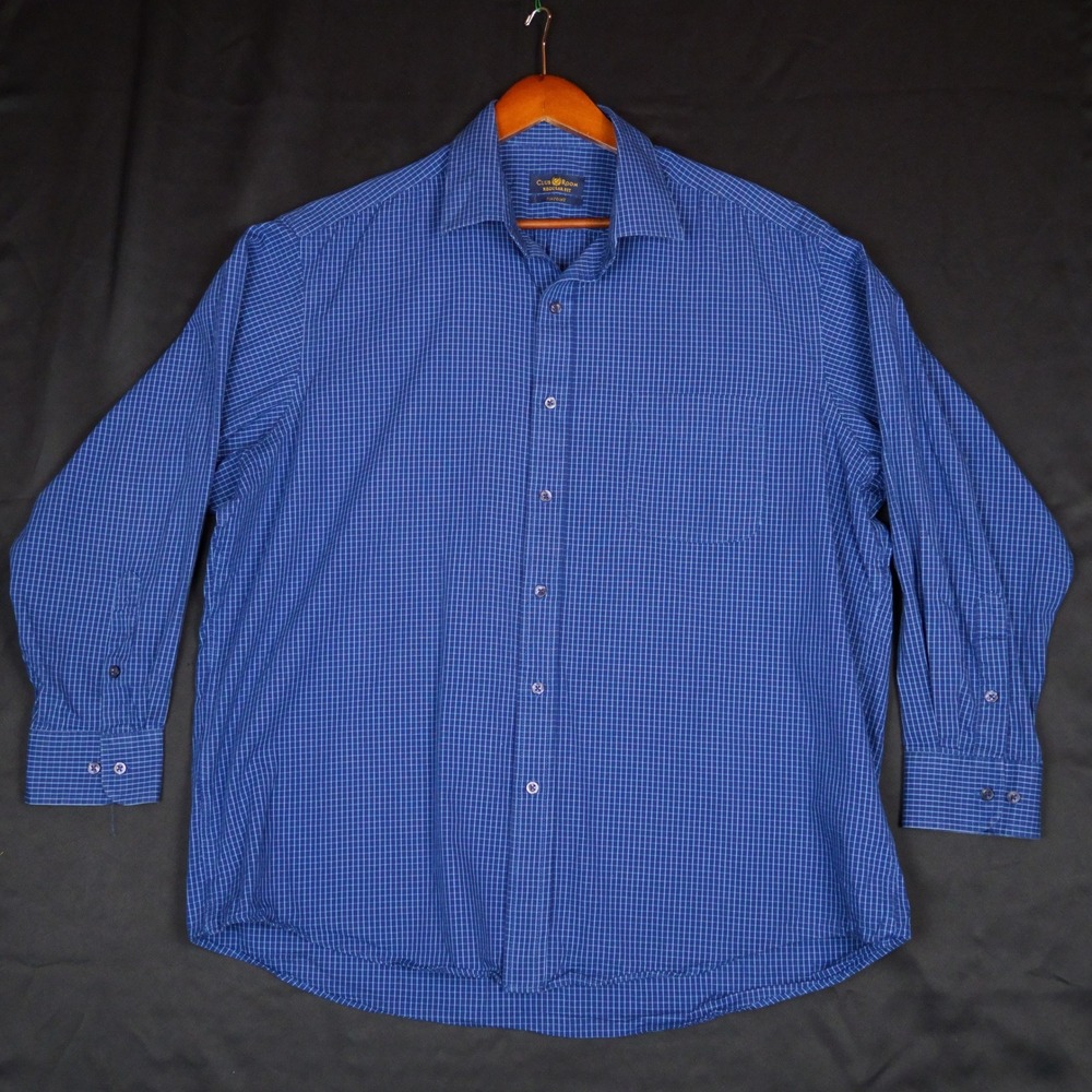Club Room Dress Shirt Mens 17 32/33 Blue Grid Pinpoint Cotton Regular Fit